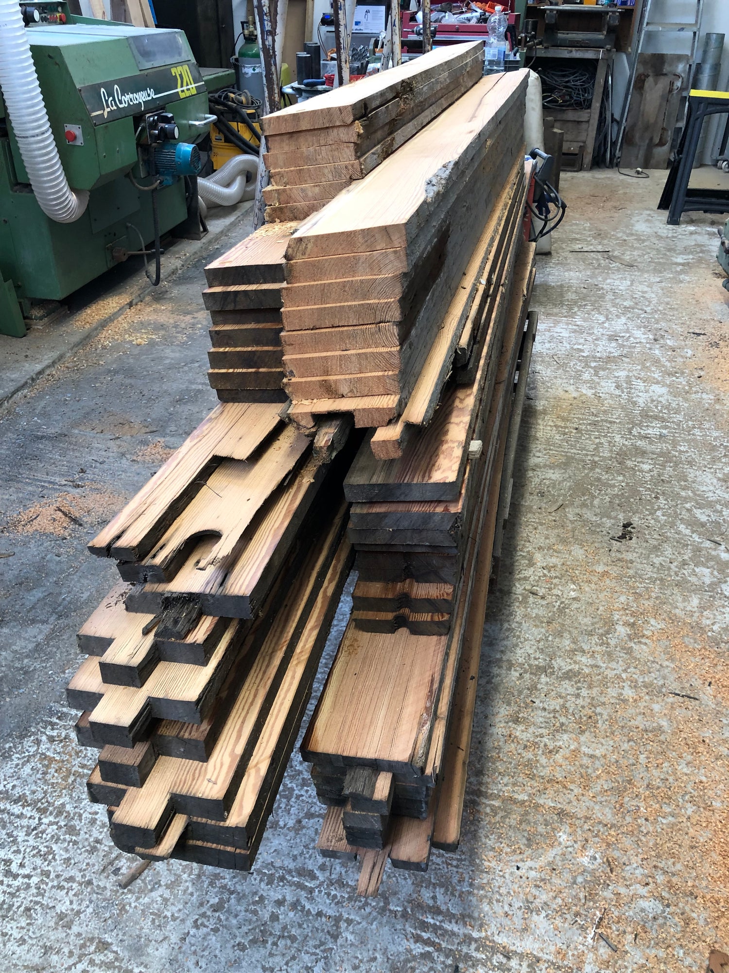 Stack of pitch pine boards made from reclaimed wood